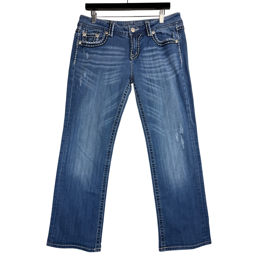 Miss Me Easy Straight Jeans JE1034ETR Medium Wash Contrast Thick Stitch Western